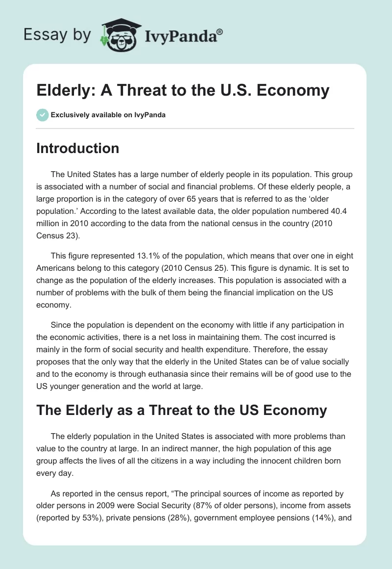 Elderly: A Threat to the U.S. Economy. Page 1