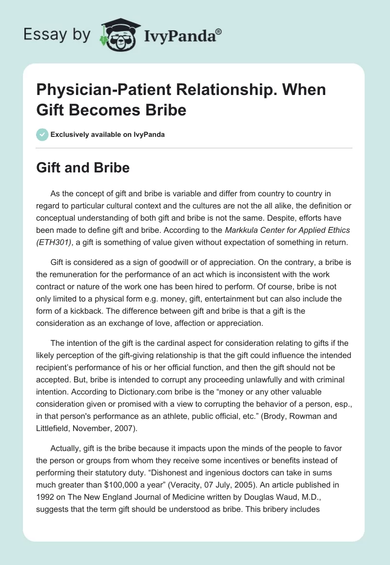 Physician-Patient Relationship. When Gift Becomes Bribe. Page 1