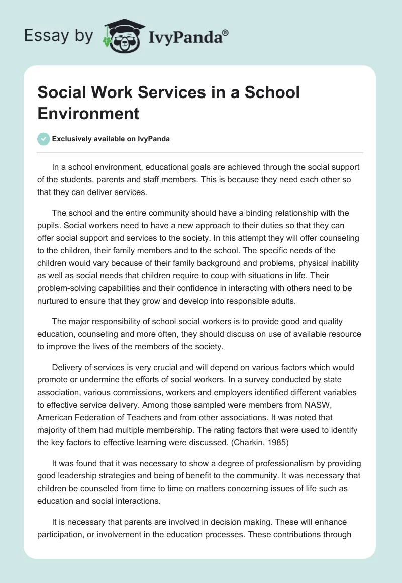 Social Work Services in a School Environment. Page 1