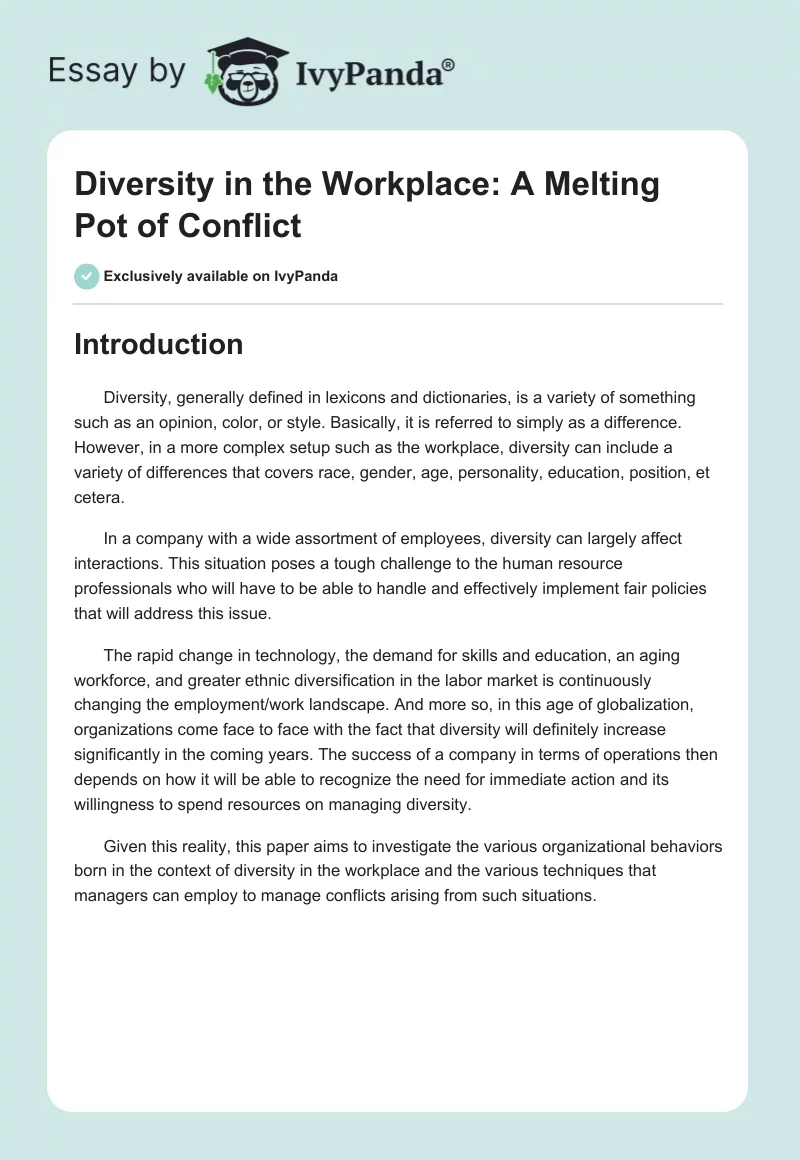 Diversity in the Workplace: A Melting Pot of Conflict. Page 1