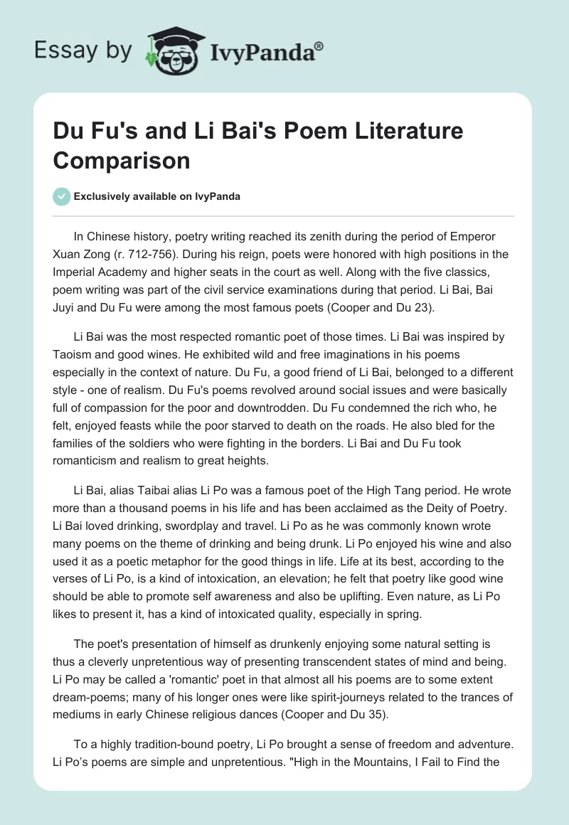 Du Fu's and Li Bai's Poem Literature Comparison. Page 1