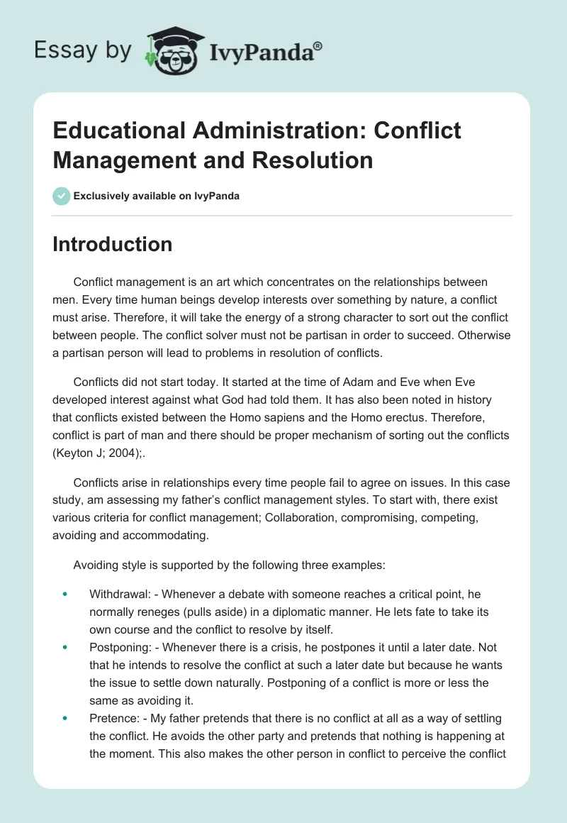 Educational Administration: Conflict Management and Resolution. Page 1