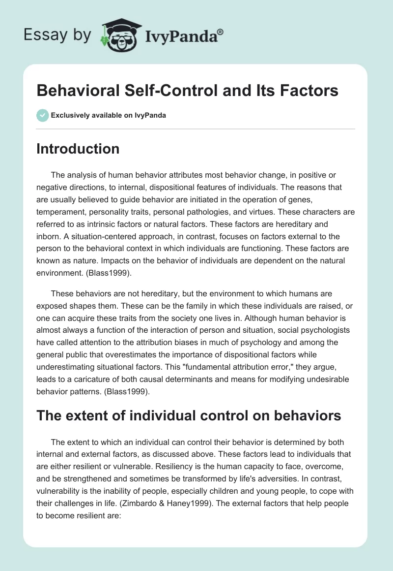 Behavioral Self-Control and Its Factors. Page 1