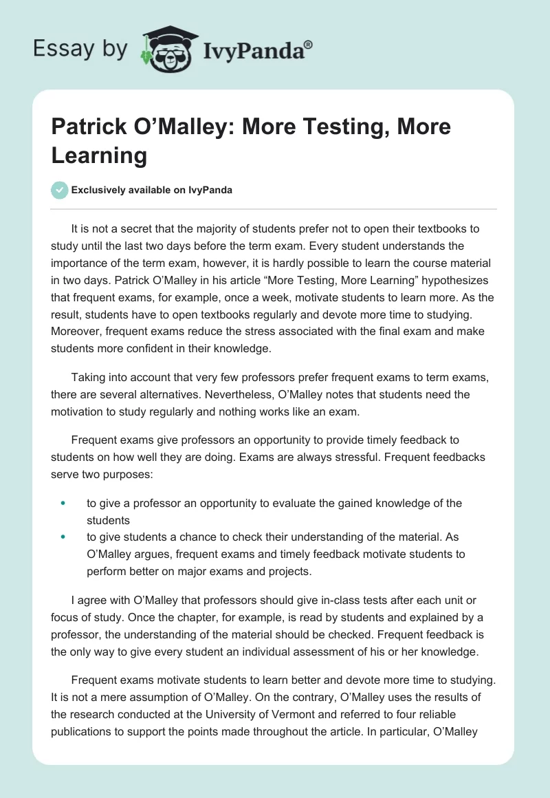 Patrick O’Malley: More Testing, More Learning. Page 1