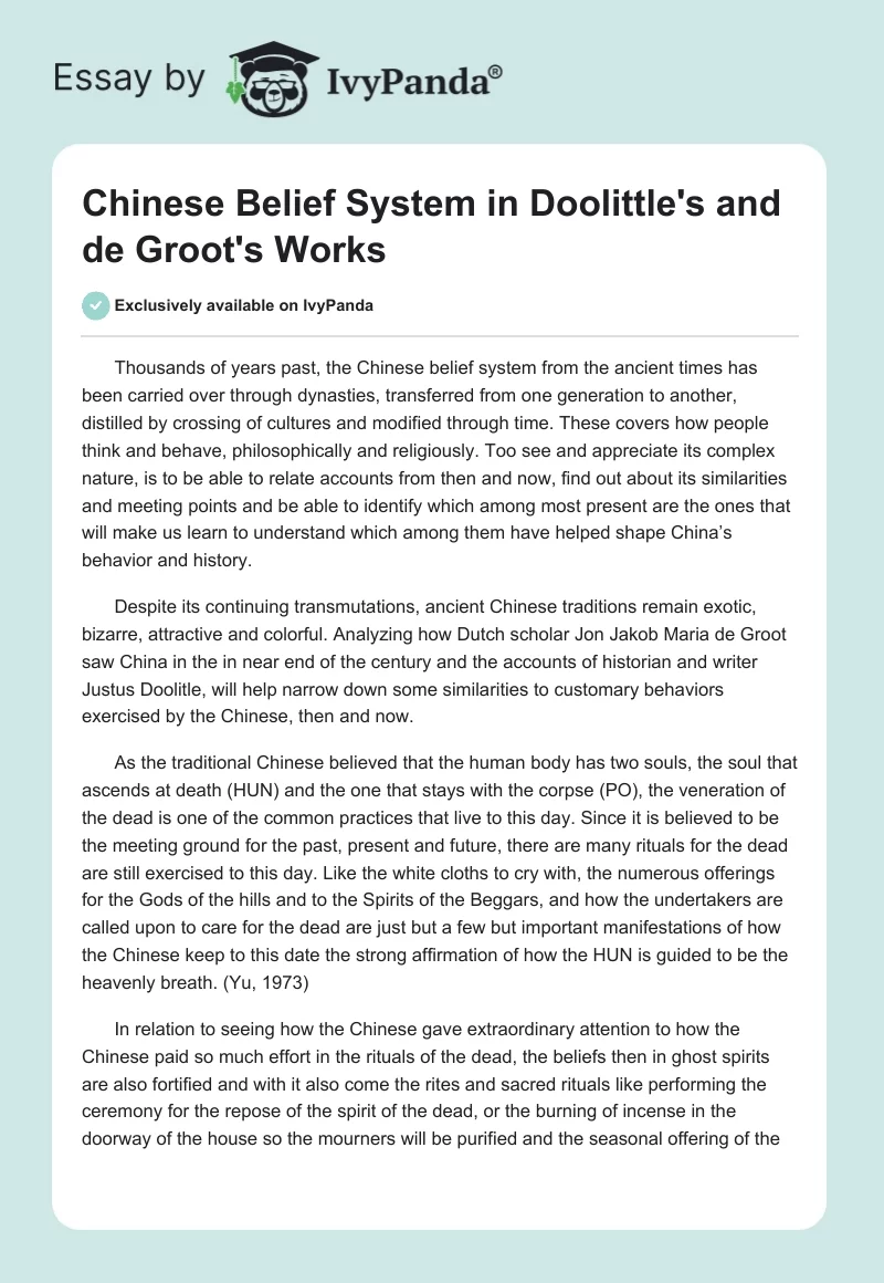 Chinese Belief System in Doolittle's and de Groot's Works. Page 1