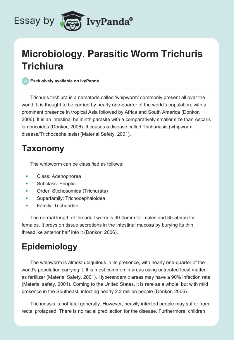 Microbiology. Parasitic Worm Trichuris Trichiura. Page 1