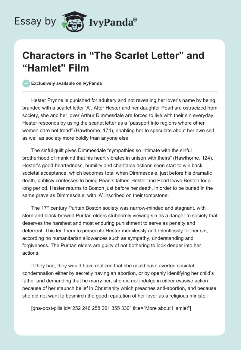 Characters in “The Scarlet Letter” and “Hamlet” Film. Page 1