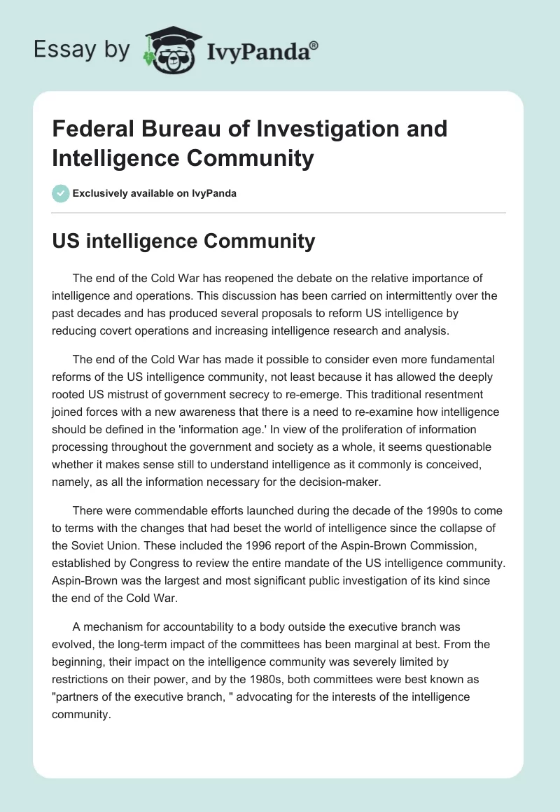 Federal Bureau of Investigation and Intelligence Community. Page 1