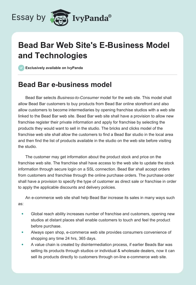 Bead Bar Web Site's E-Business Model and Technologies. Page 1