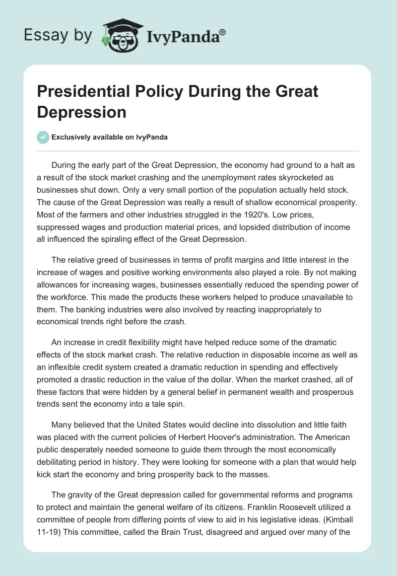 Presidential Policy During the Great Depression. Page 1