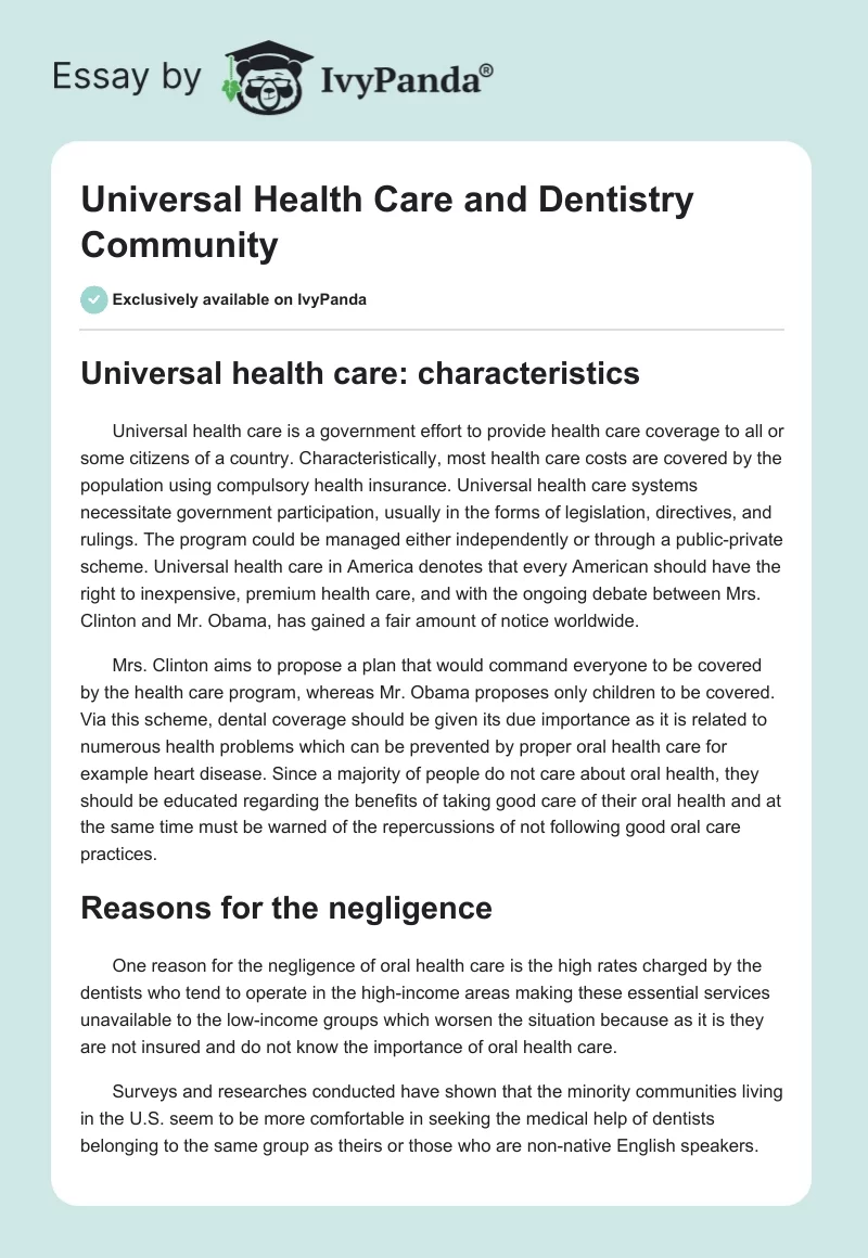 Universal Health Care and Dentistry Community. Page 1