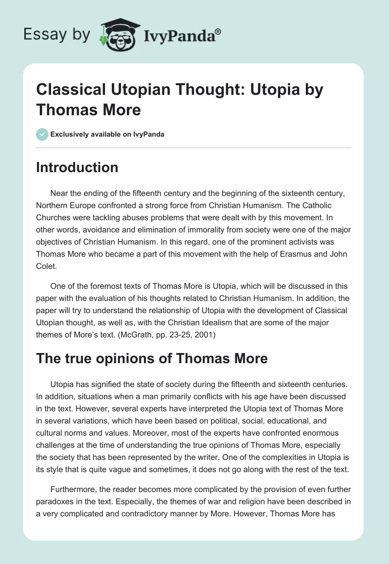Classical Utopian Thought: "Utopia" by Thomas More. Page 1