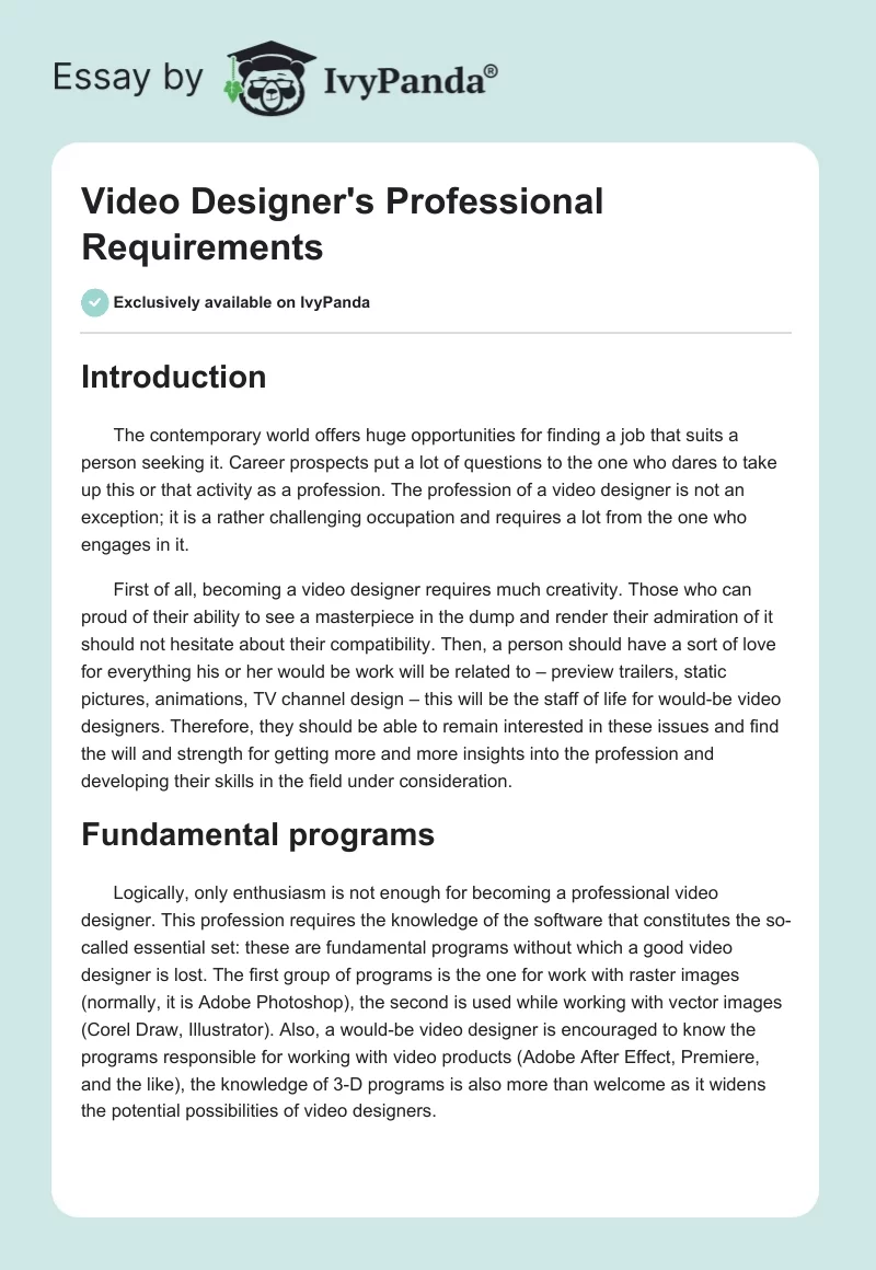 Video Designer's Professional Requirements. Page 1