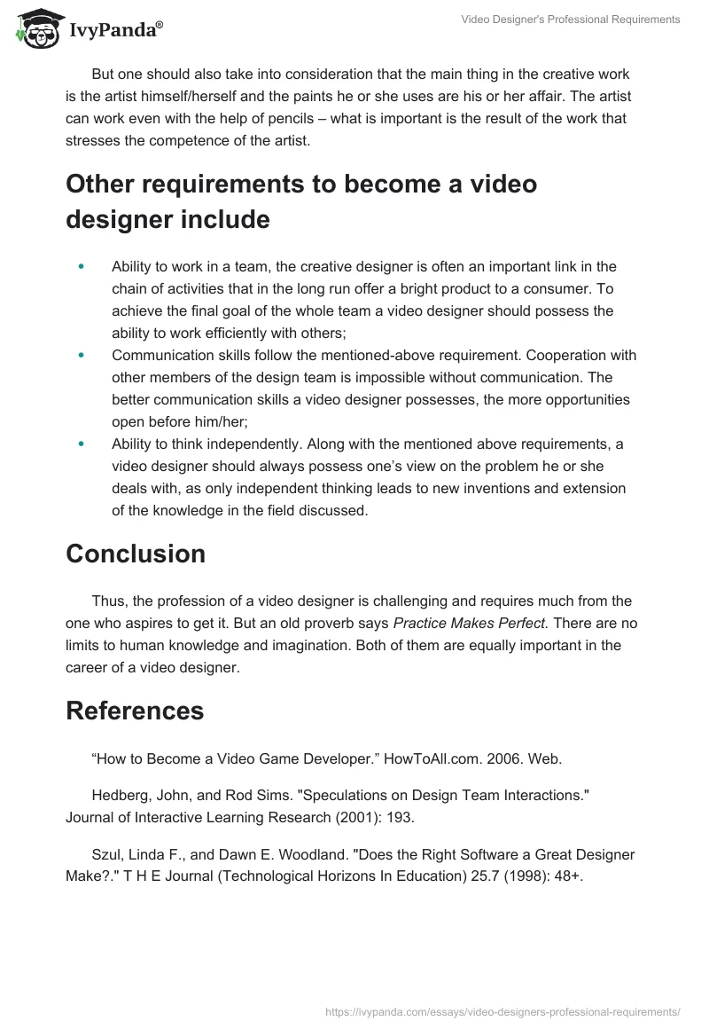 Video Designer's Professional Requirements. Page 2