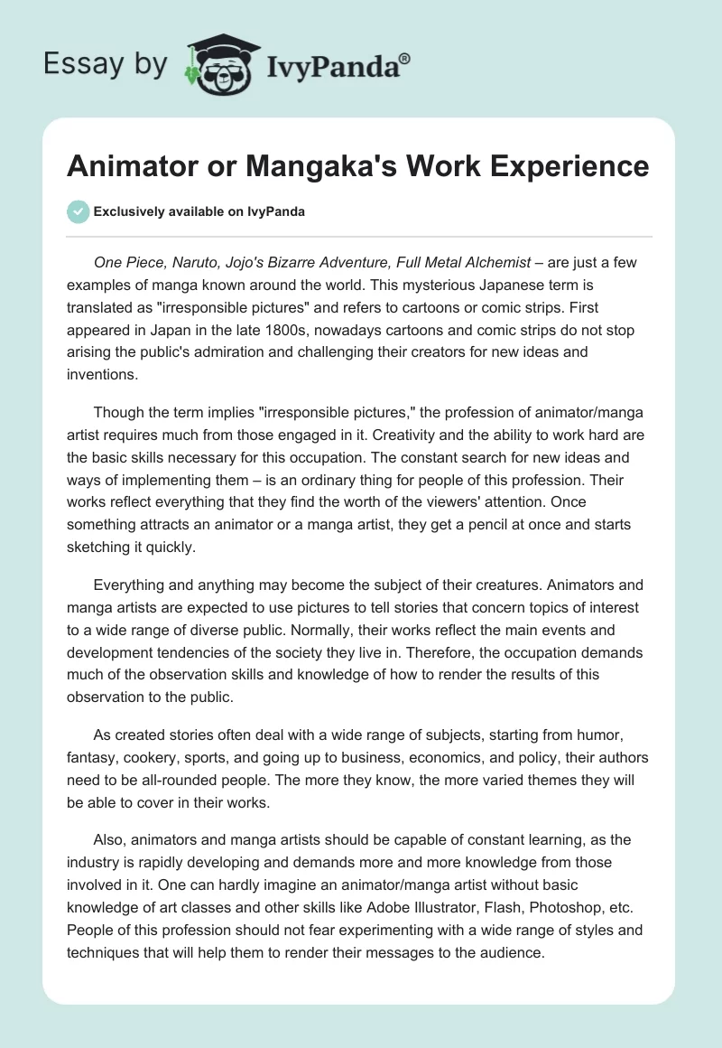 Animator or Mangaka's Work Experience. Page 1