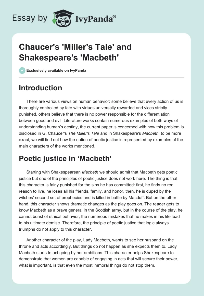 Chaucer's 'Miller's Tale' and Shakespeare's 'Macbeth'. Page 1
