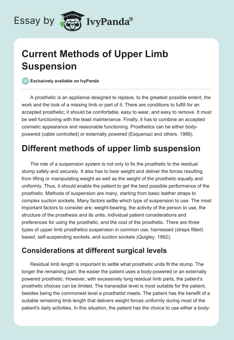 Current Methods of Upper Limb Suspension. Page 1