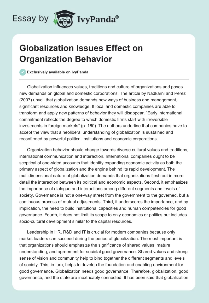 Globalization Issues Effect on Organization Behavior. Page 1