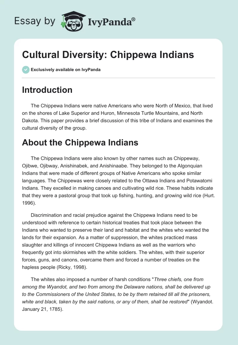 Cultural Diversity: Chippewa Indians. Page 1