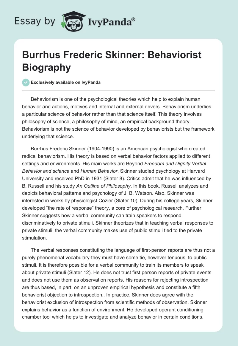 Burrhus Frederic Skinner: Behaviorist Biography. Page 1