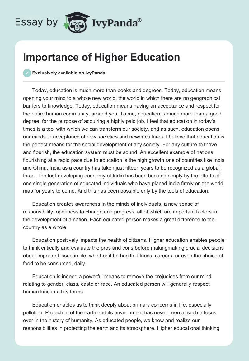 Importance of Higher Education. Page 1
