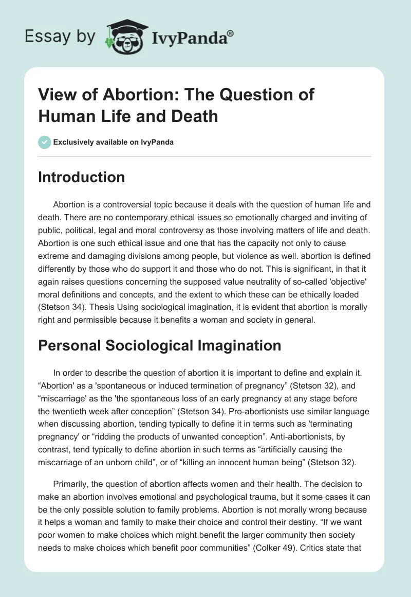 View of Abortion: The Question of Human Life and Death. Page 1