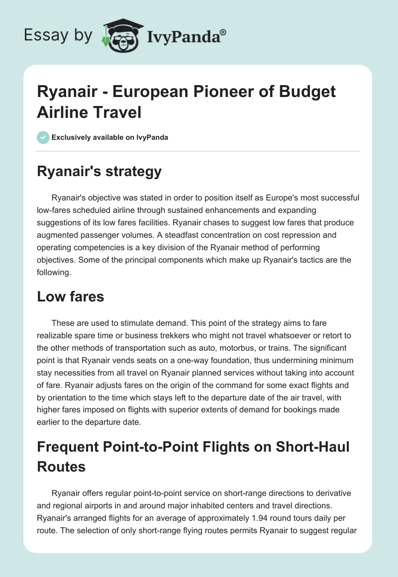 Ryanair - European Pioneer of Budget Airline Travel. Page 1