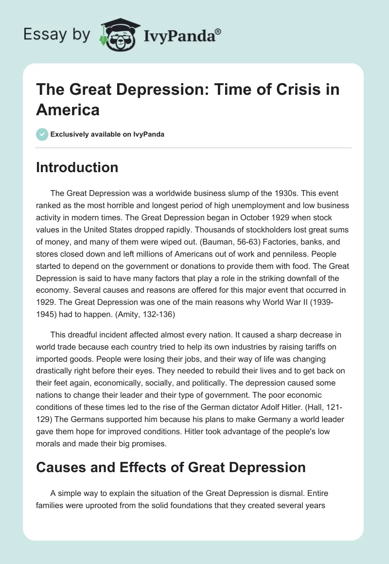 The Great Depression: Time of Crisis in America. Page 1