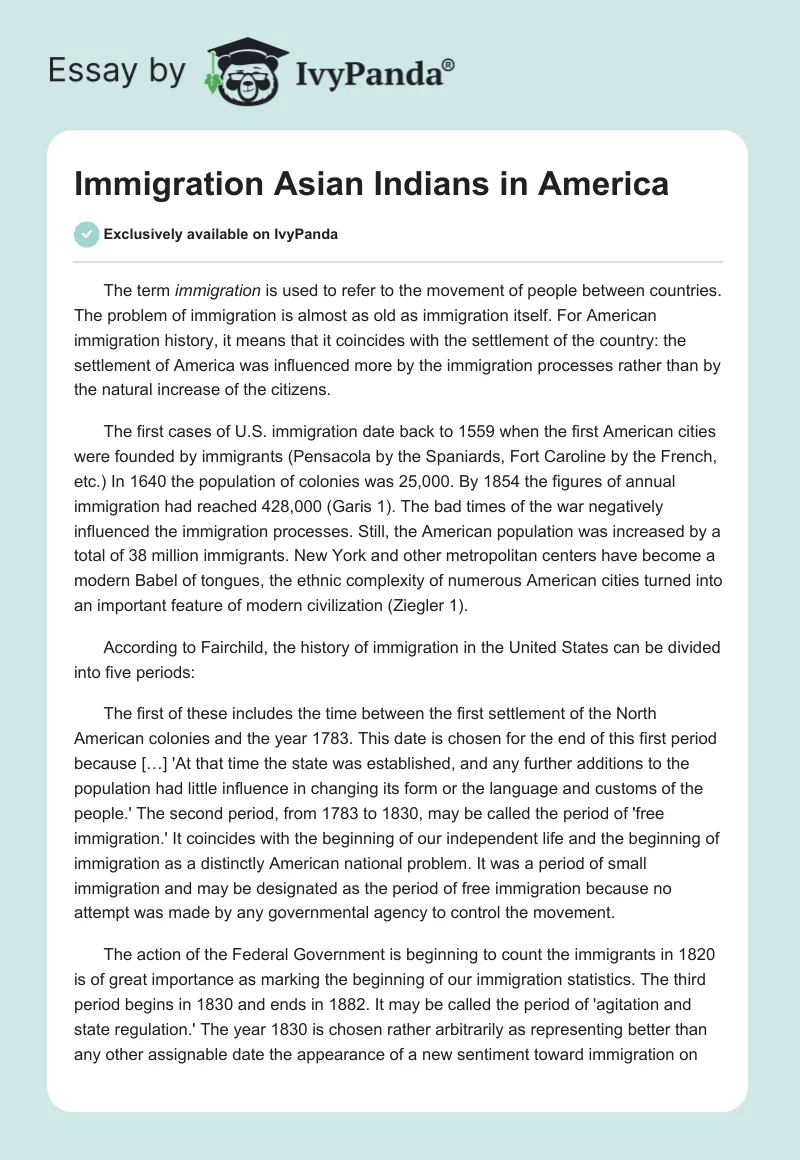 Immigration Asian Indians in America. Page 1