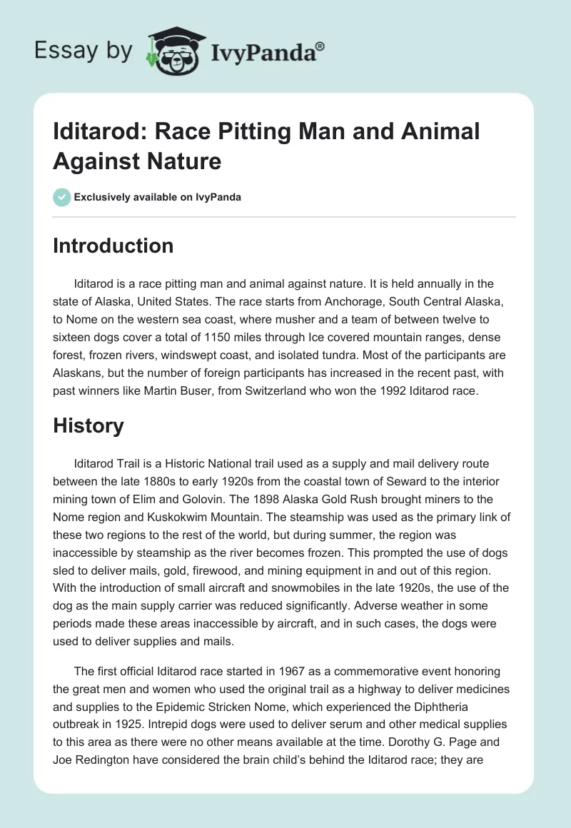 Iditarod: Race Pitting Man and Animal Against Nature. Page 1