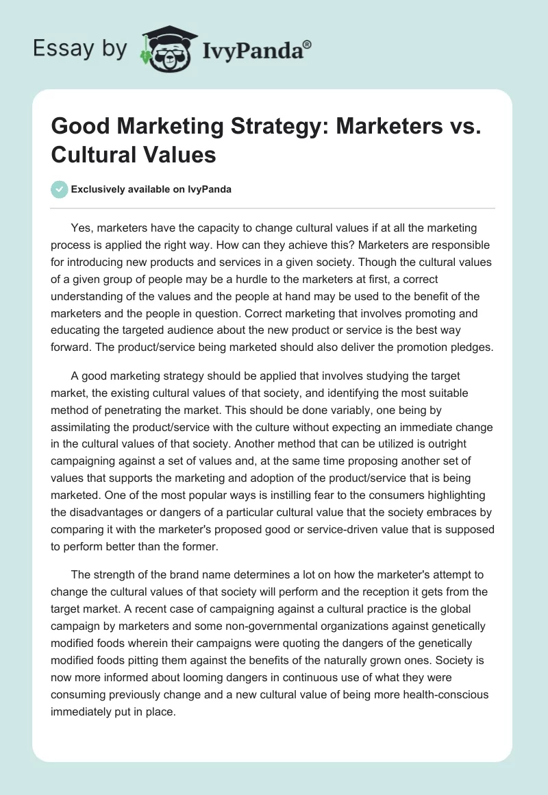 Good Marketing Strategy: Marketers vs. Cultural Values. Page 1