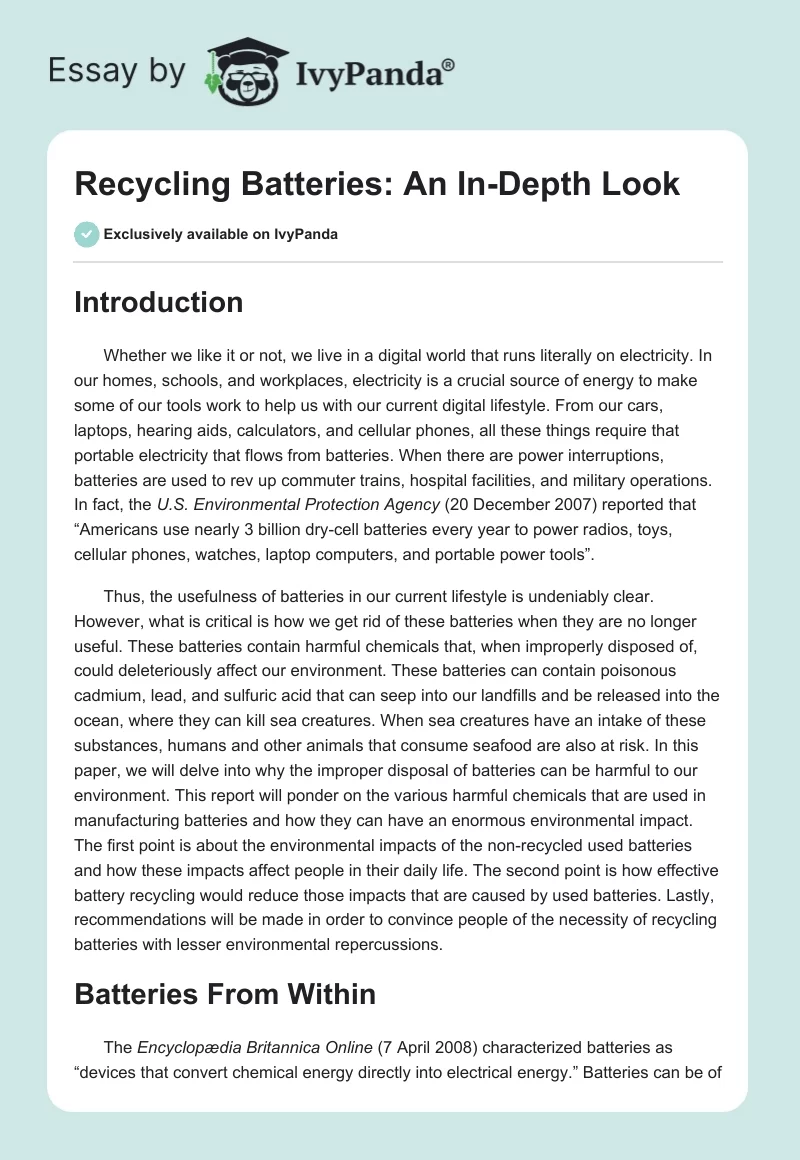 Recycling Batteries: An In-Depth Look. Page 1