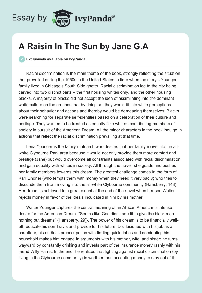 A Raisin in the Sun by Jane G. A.. Page 1