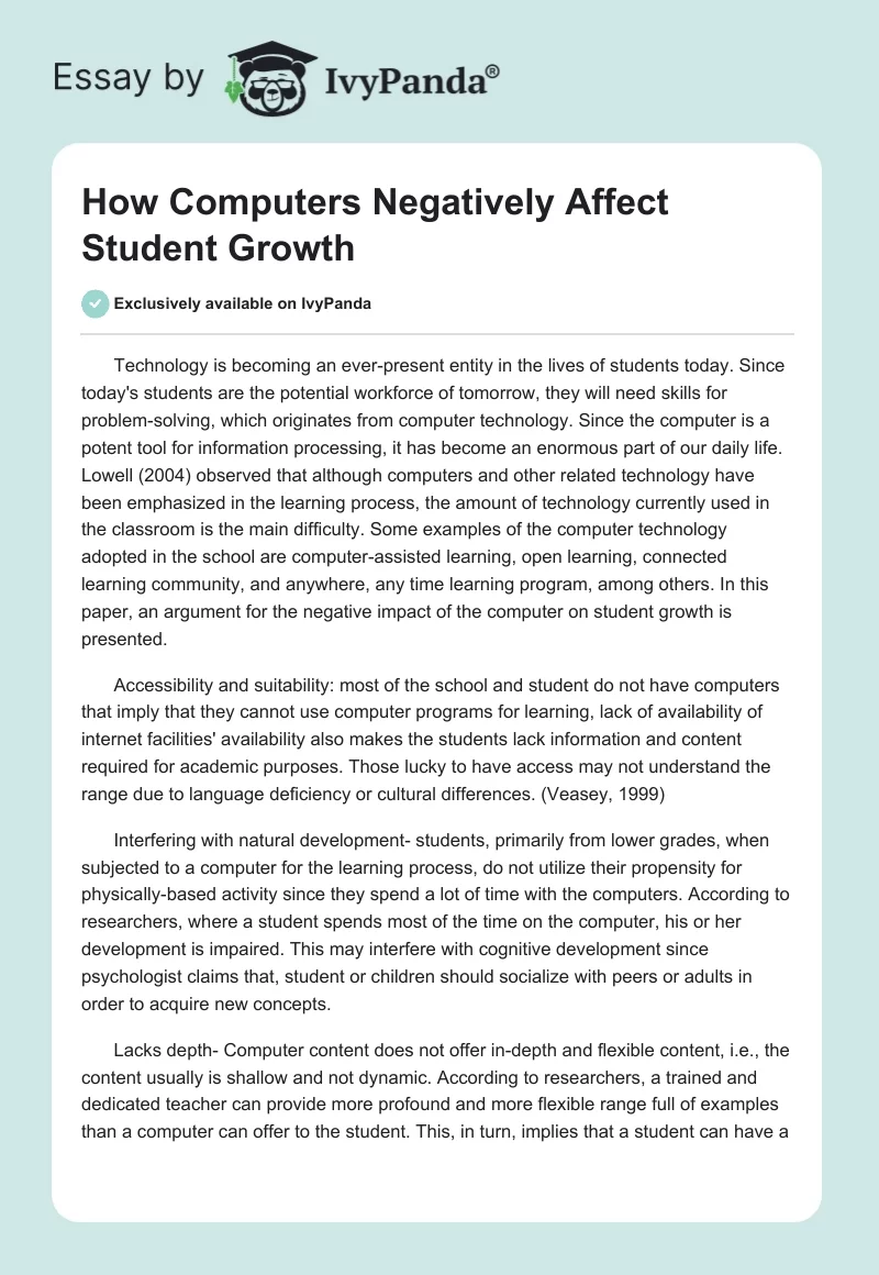 How Computers Negatively Affect Student Growth. Page 1