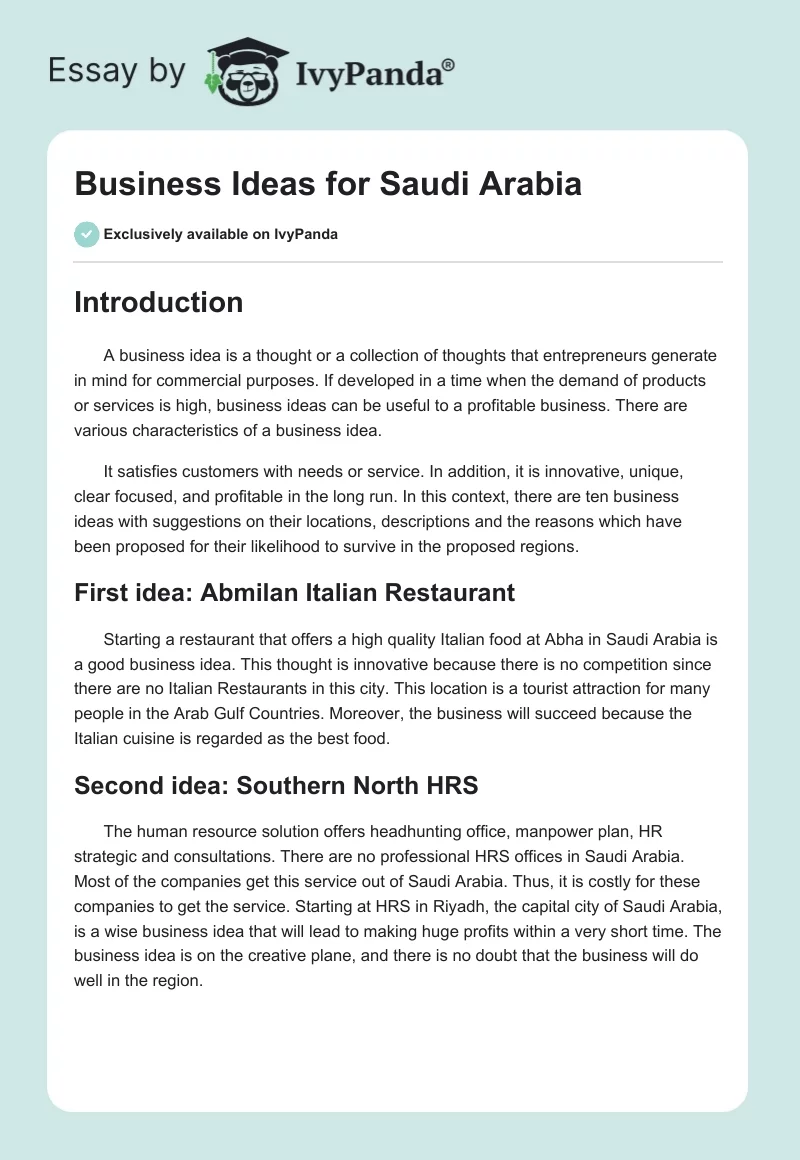 Business Ideas for Saudi Arabia. Page 1