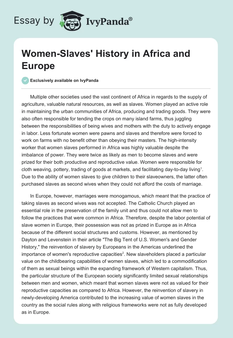 Women-Slaves' History in Africa and Europe. Page 1
