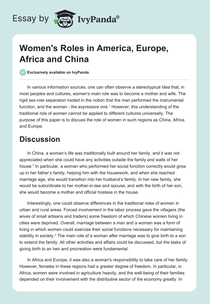 Women's Roles in America, Europe, Africa and China. Page 1