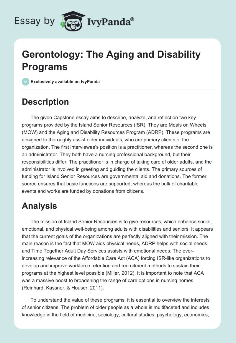 Gerontology: The Aging and Disability Programs. Page 1