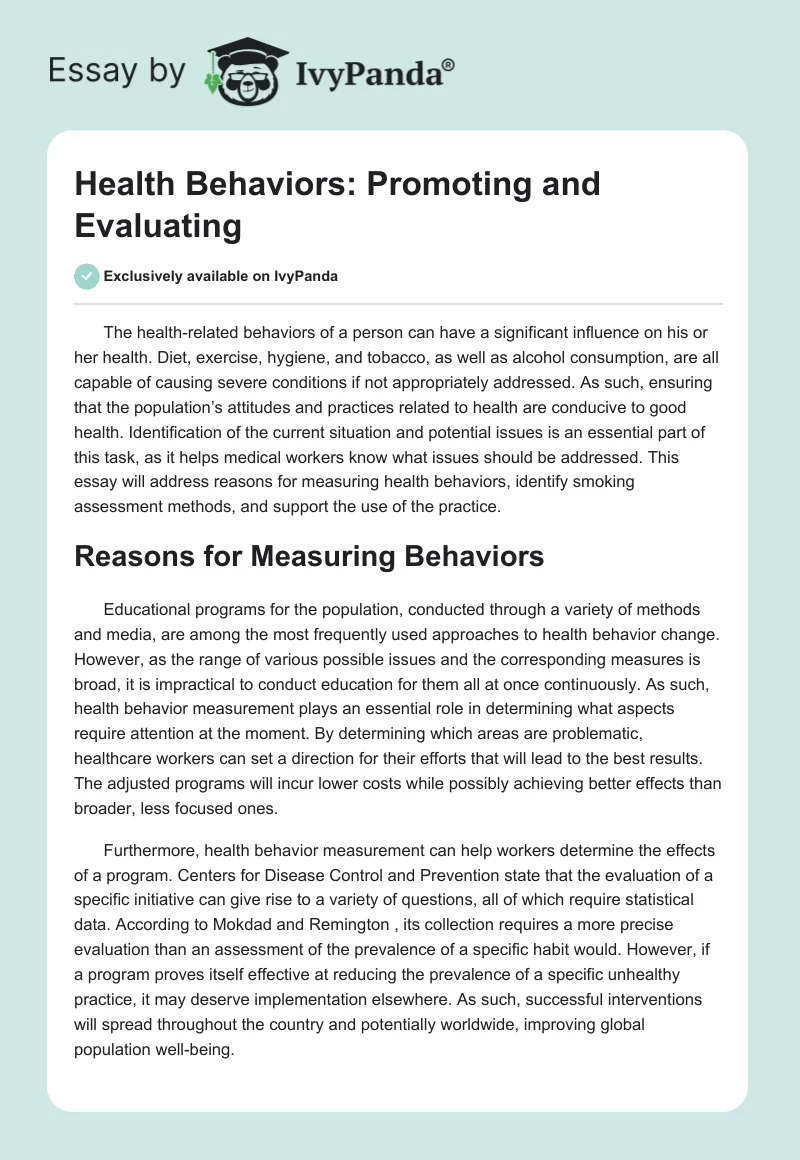 Health Behaviors: Promoting and Evaluating. Page 1
