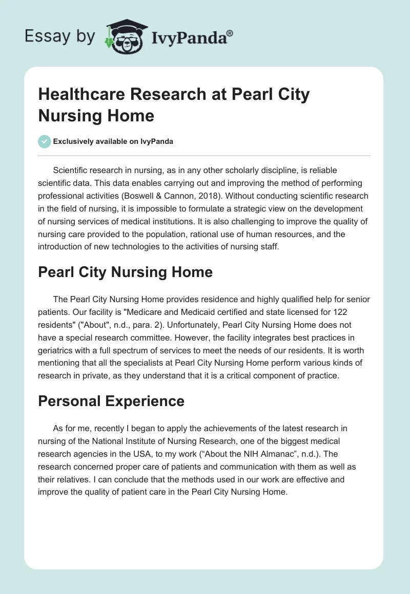 Healthcare Research at Pearl City Nursing Home. Page 1