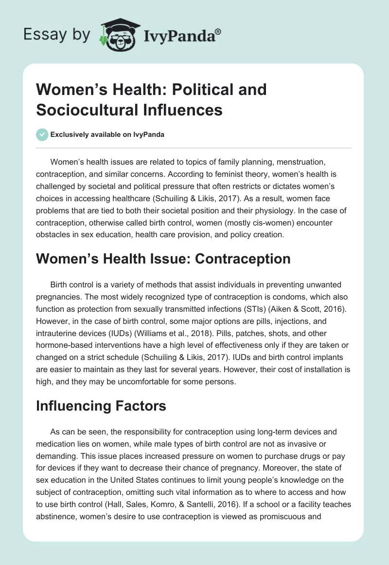 Women’s Health: Political and Sociocultural Influences. Page 1
