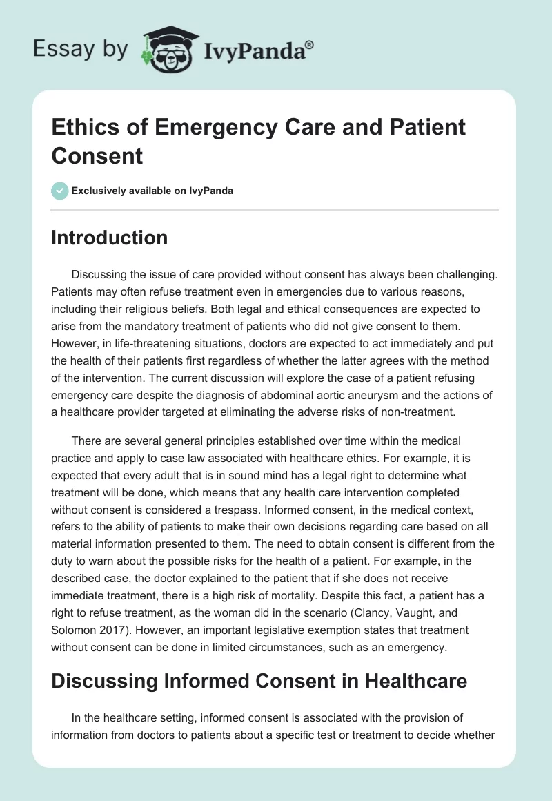 Ethics of Emergency Care and Patient Consent. Page 1