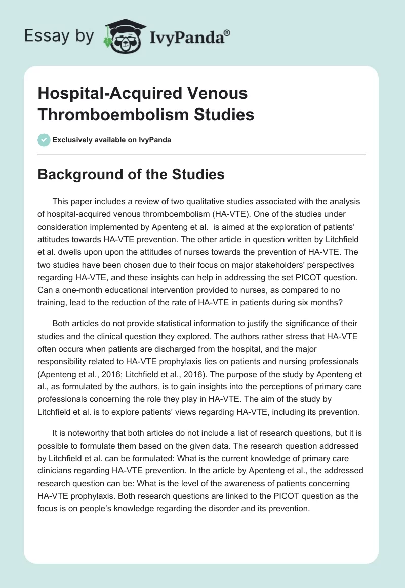 Hospital-Acquired Venous Thromboembolism Studies. Page 1