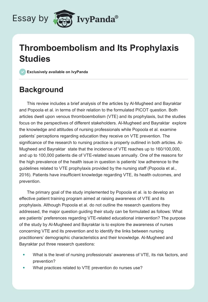 Thromboembolism and Its Prophylaxis Studies. Page 1