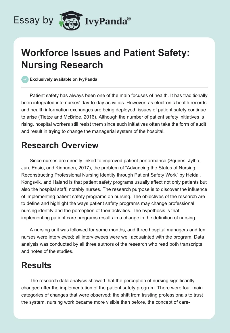 Workforce Issues and Patient Safety: Nursing Research. Page 1