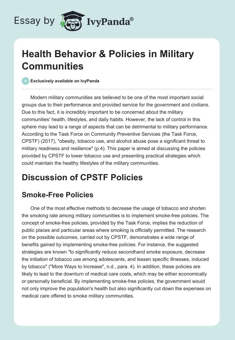 Health Behavior & Policies in Military Communities. Page 1