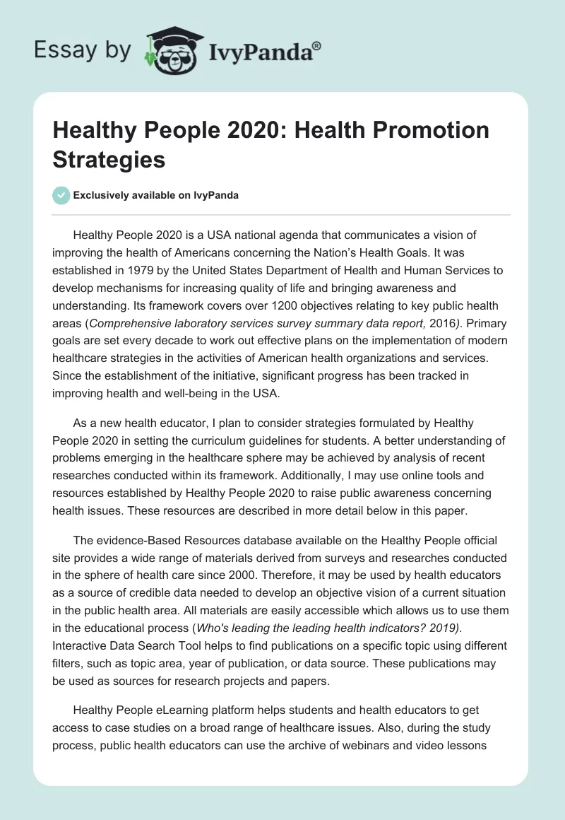 Healthy People 2020: Health Promotion Strategies. Page 1