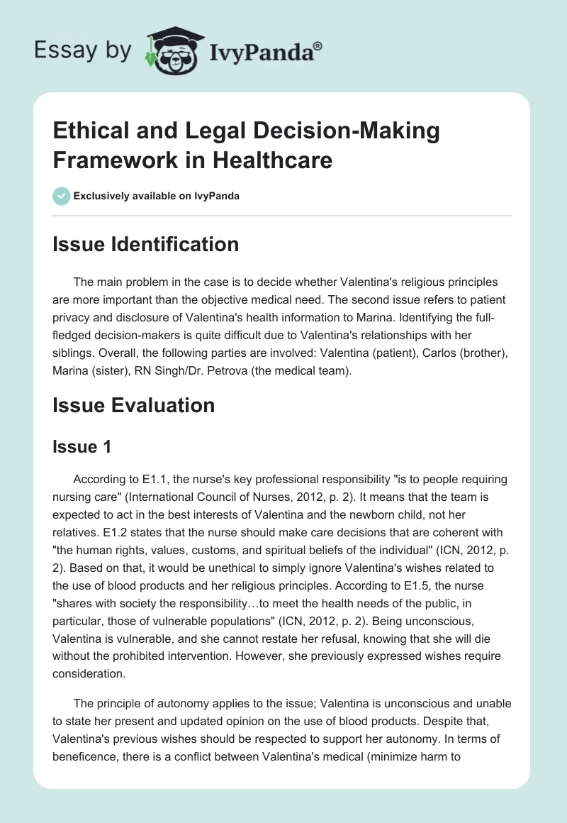 Ethical and Legal Decision-Making Framework in Healthcare. Page 1