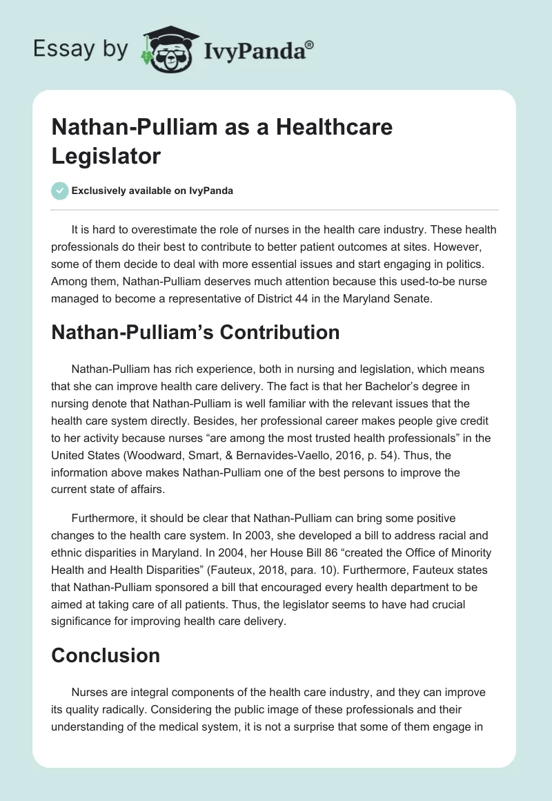 Nathan-Pulliam as a Healthcare Legislator. Page 1