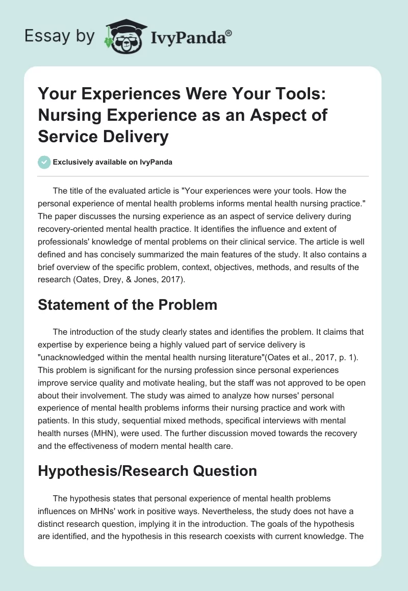 Your Experiences Were Your Tools: Nursing Experience as an Aspect of Service Delivery. Page 1